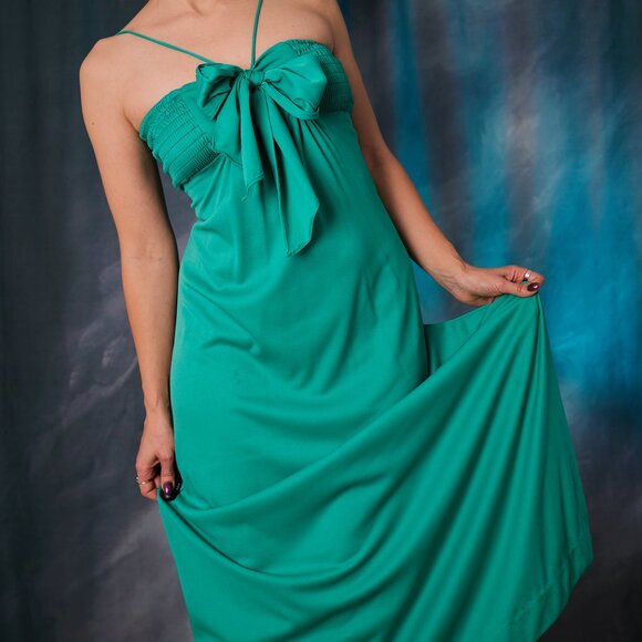 Emerald Green 70's Halter Dress Maxi Disco Era - Picture 6 of 12